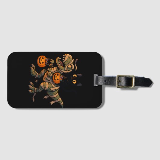 Black Cat Riding Mummy T-Rex – Schattigee Hallowee Bagagelabel (Voorkant (horizontaal))