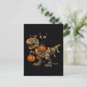 Black Cat Riding Mummy T-Rex – Schattigee Hallowee Briefkaart (Staand voorkant)