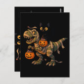 Black Cat Riding Mummy T-Rex – Schattigee Hallowee Briefkaart (Voorkant / Achterkant)