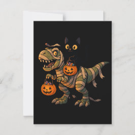 Black Cat Riding Mummy T-Rex – Schattigee Hallowee Briefkaart