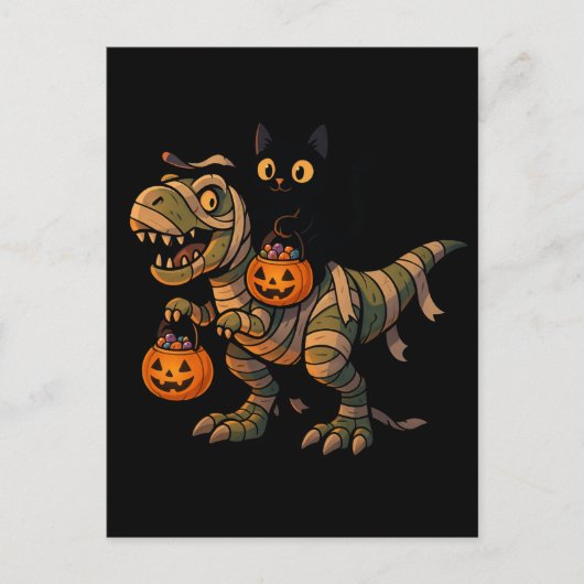 Black Cat Riding Mummy T-Rex – Schattigee Hallowee Briefkaart (Voorkant)