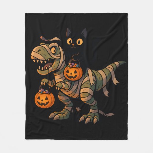 Black Cat Riding Mummy T-Rex – Schattigee Hallowee Fleece Deken (Voorkant)