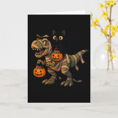Black Cat Riding Mummy T-Rex – Schattigee Hallowee Kaart (Gele Bloem)