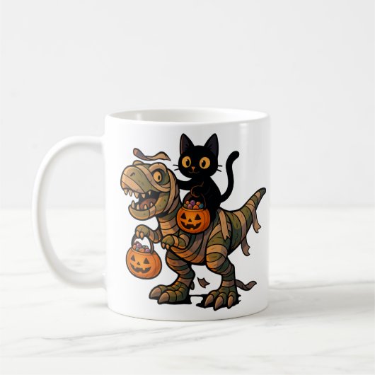 Black Cat Riding Mummy T-Rex – Schattigee Hallowee Koffiemok (Links)