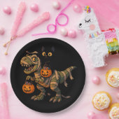 Black Cat Riding Mummy T-Rex – Schattigee Hallowee Papieren Bordje (Feest)