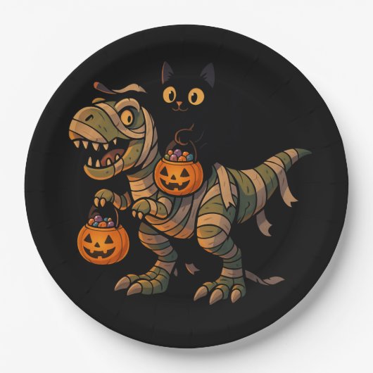 Black Cat Riding Mummy T-Rex – Schattigee Hallowee Papieren Bordje (Voorkant)