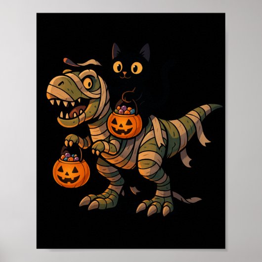 Black Cat Riding Mummy T-Rex – Schattigee Hallowee Poster (Voorkant)