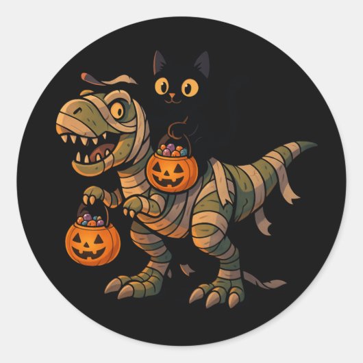 Black Cat Riding Mummy T-Rex – Schattigee Hallowee Ronde Sticker (Voorkant)