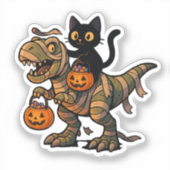 Black Cat Riding Mummy T-Rex – Schattigee Hallowee Sticker (Voorkant)
