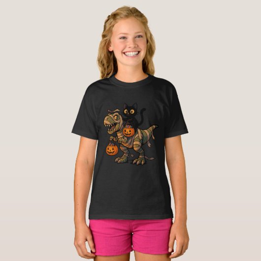 Black Cat Riding Mummy T-Rex – Schattigee Hallowee T-shirt (Voorkant volledig)