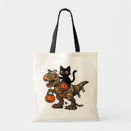 Black Cat Riding Mummy T-Rex – Schattigee Hallowee Tote Bag