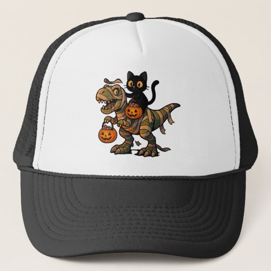 Black Cat Riding Mummy T-Rex – Schattigee Hallowee Trucker Pet (Voorkant)