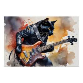 Black Cat Rock Star Leather Jacket Gitaar spelen Perfect Poster