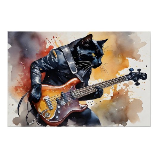 Black Cat Rock Star Leather Jacket Gitaar spelen Perfect Poster (Voorkant)