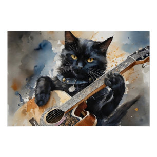 Black Cat Rock Star Spelen Akoestische Gitaar Perfect Poster