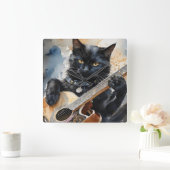 Black Cat Rock Star Spelen Akoestische Gitaar Vierkante Klok (Huis)
