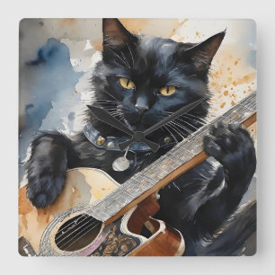 Black Cat Rock Star Spelen Akoestische Gitaar Vierkante Klok
