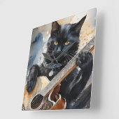 Black Cat Rock Star Spelen Akoestische Gitaar Vierkante Klok (Hoek)