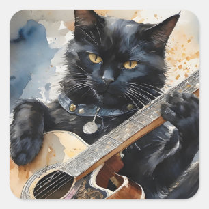 Black Cat Rock Star Spelen Akoestische Gitaar Vierkante Sticker