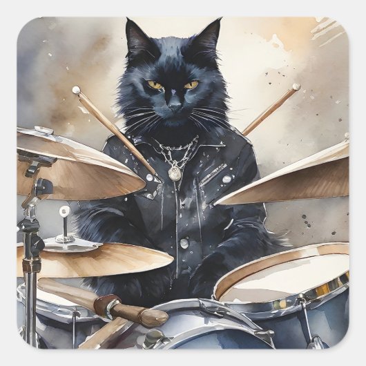 Black Cat Rock Star Spelen Drums Lederen Jas Vierkante Sticker (Voorkant)