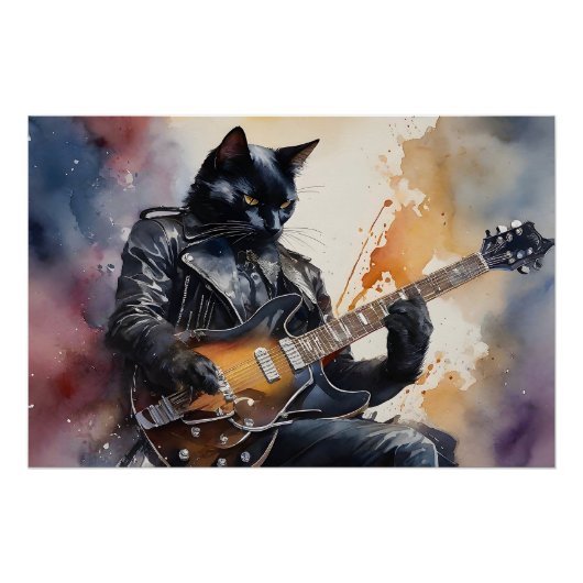 Black Cat Rock Star Spelen Gitaar Leren Jas Perfect Poster (Voorkant)