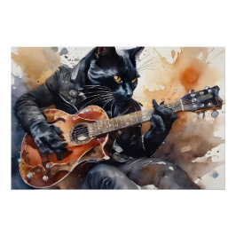 Black Cat Rock Star Spelen Gitaar Leren Jas Perfect Poster