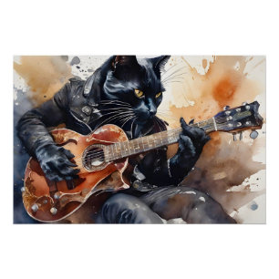 Black Cat Rock Star Spelen Gitaar Leren Jas Perfect Poster