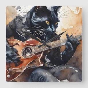 Black Cat Rock Star Spelen Gitaar Leren Jas Vierkante Klok