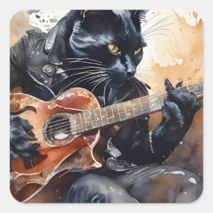 Black Cat Rock Star Spelen Gitaar Leren Jas Vierkante Sticker