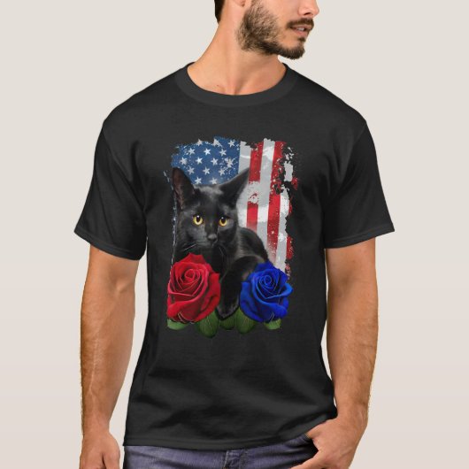 Black Cat Rose American Flag Happy 4th Of July T-shirt (Voorkant)