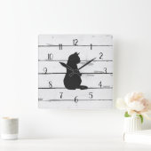 Black Cat Rustic Shiplap Farmhouse Decor Vierkante Klok (Huis)