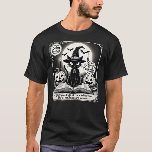 Black Cat Salem Witch Book Club Spooky Halloween B T-shirt (Voorkant)