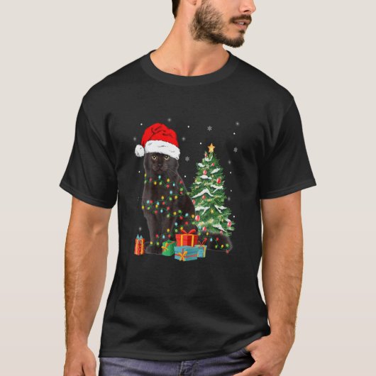 Black Cat Santa Angled Up In Christmas Lights Xmas T-shirt (Voorkant)