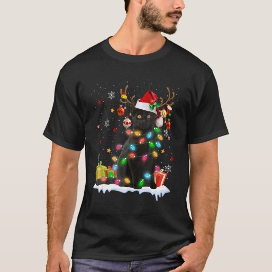 Black Cat Santa Hat Reindeer Christmas Lights Cat  T-shirt (Voorkant)