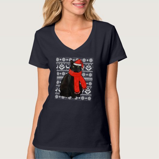 Black Cat Santa Hat Ugly kerstSweater Funny X T-shirt (Voorkant)