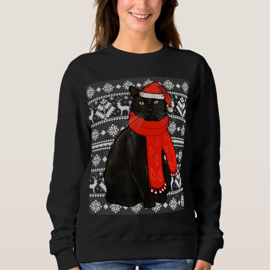 Black Cat Santa Hat Ugly kerstSweater Funny X Trui (Voorkant)