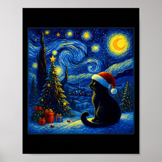 Black Cat Santa Hat Van Gogh Starry Night Christma Poster (Voorkant)