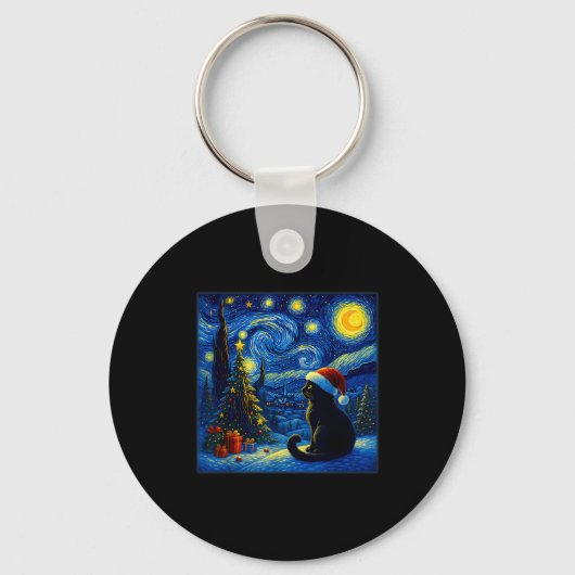 Black Cat Santa Hat Van Gogh Starry Night Christma Sleutelhanger (Voorkant)