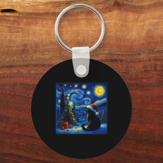 Black Cat Santa Hat Van Gogh Starry Night Christma Sleutelhanger (Voorkant)