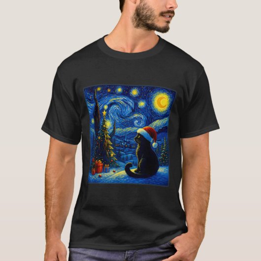 Black Cat Santa Hat Van Gogh Starry Night Christma T-shirt (Voorkant)