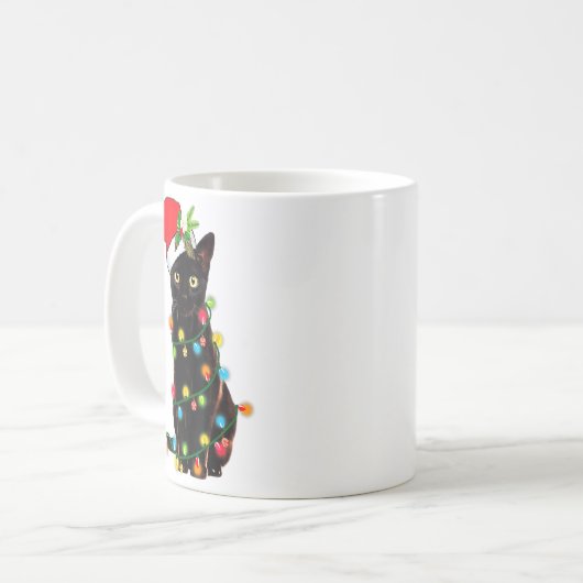 Black Cat Santa Tangled Up In Christmas Lights _1  Koffiemok (Voorkant links)