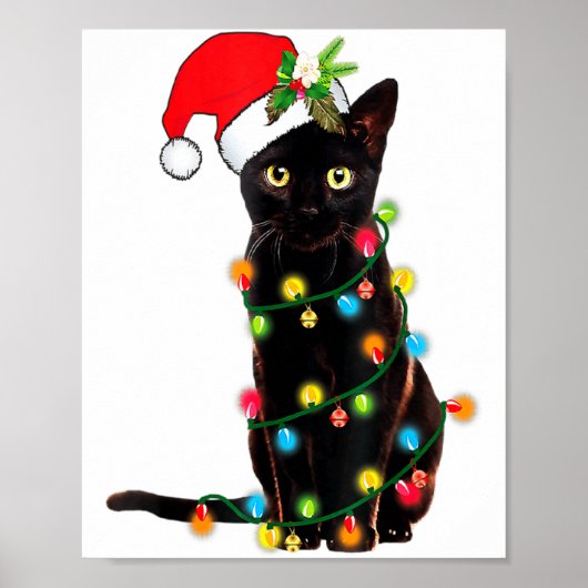 Black Cat Santa Tangled Up In Christmas Lights _1  Poster (Voorkant)
