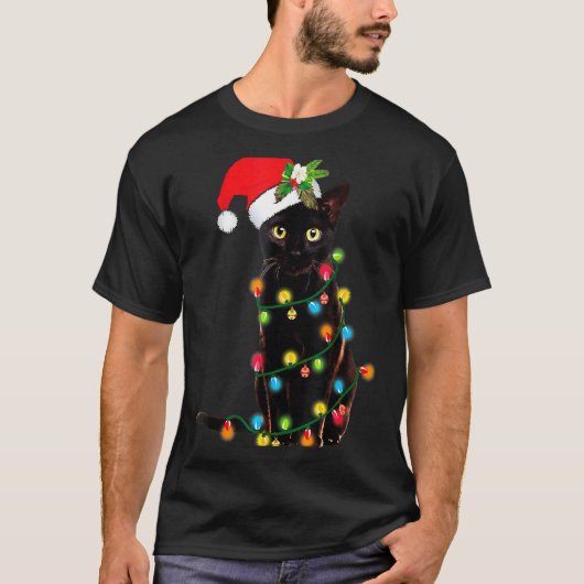 Black Cat Santa Tangled Up In Christmas Lights _1  T-shirt (Voorkant)
