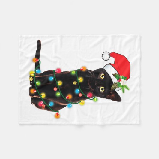 Black Cat Santa Tangled Up In Christmas Lights  Fleece Deken (Voorkant (Horizontaal))