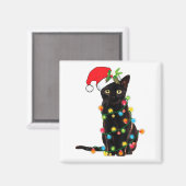 Black Cat Santa Tangled Up In Christmas Lights Magneet (Voorkant / Achterkant)
