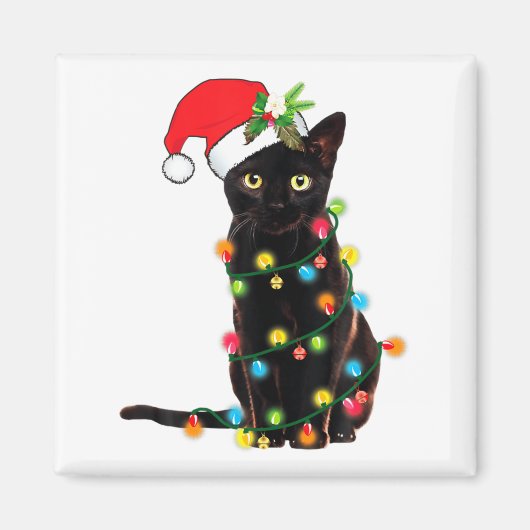 Black Cat Santa Tangled Up In Christmas Lights Magneet (Voorkant)