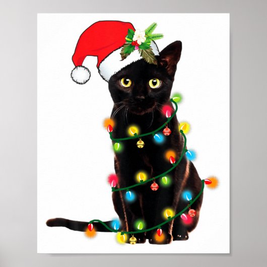 Black Cat Santa Tangled Up In Christmas Lights Poster (Voorkant)