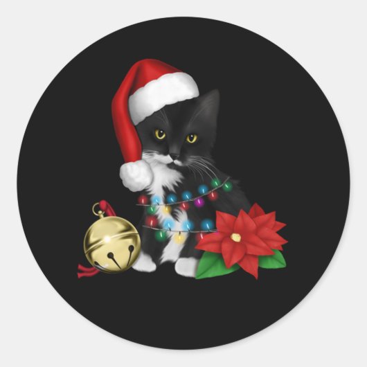 Black Cat Santa Tangled Up In Christmas Lights Ronde Sticker (Voorkant)