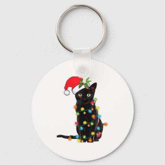 Black Cat Santa Tangled Up In Christmas Lights Sleutelhanger (Voorkant)