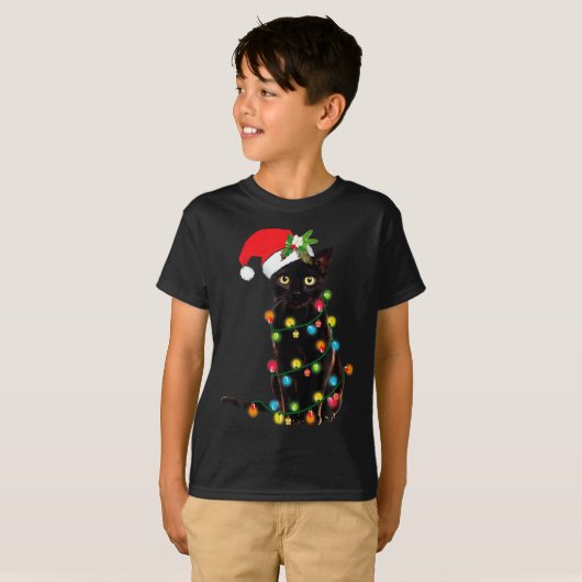 Black Cat Santa Tangled Up In Christmas Lights  T-shirt (Voorkant volledig)